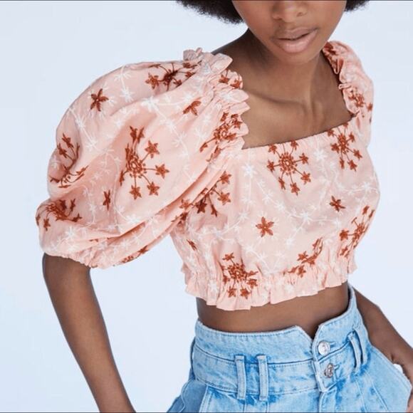 Zara Tops - Zara Voluminous Puff Sleeve Floral Embroidered Peach Salmon Pink Crop Top Small